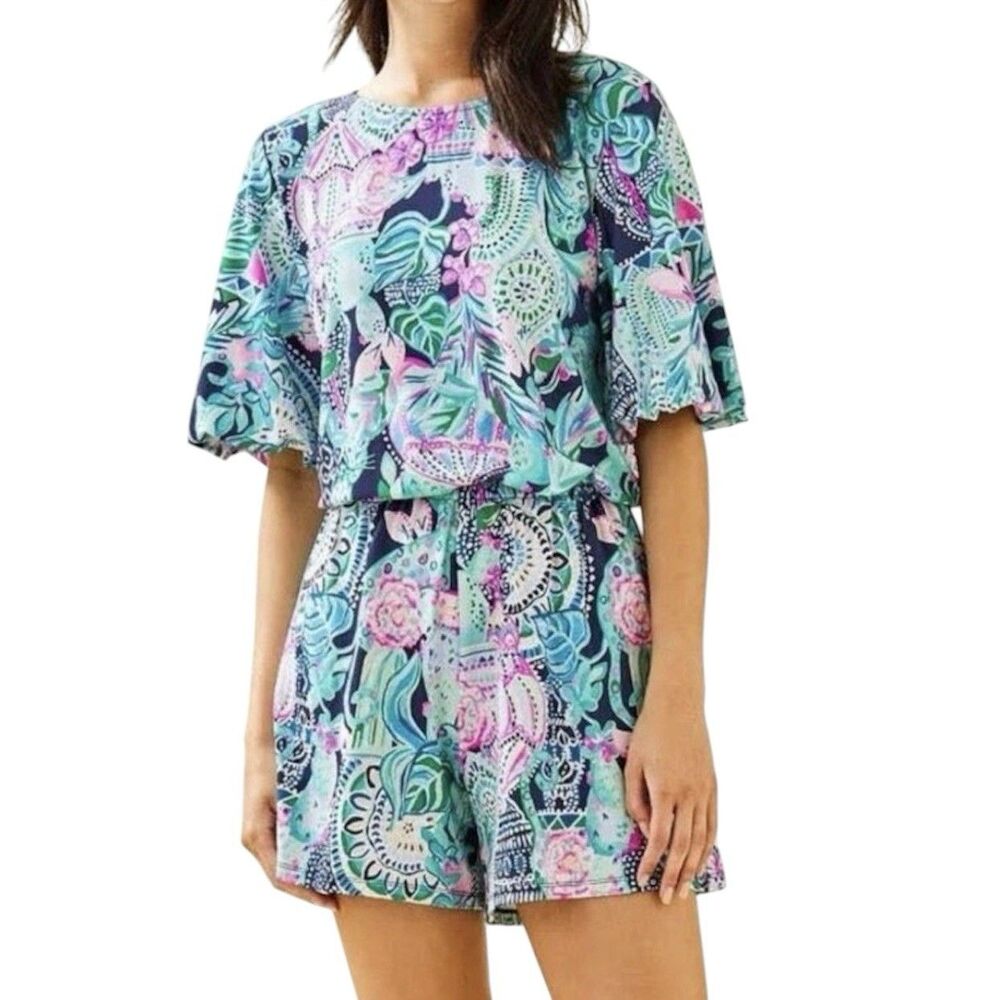 Lilly Pulitzer XS Britton Romper Aqua Blue Cat Print “Lookin’ Sharp” One Piece